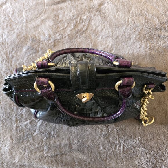 RARE Brahmin Adora Black & Purple Croc Embossed Leather Satchel Gold Chain - Picture 10 of 16